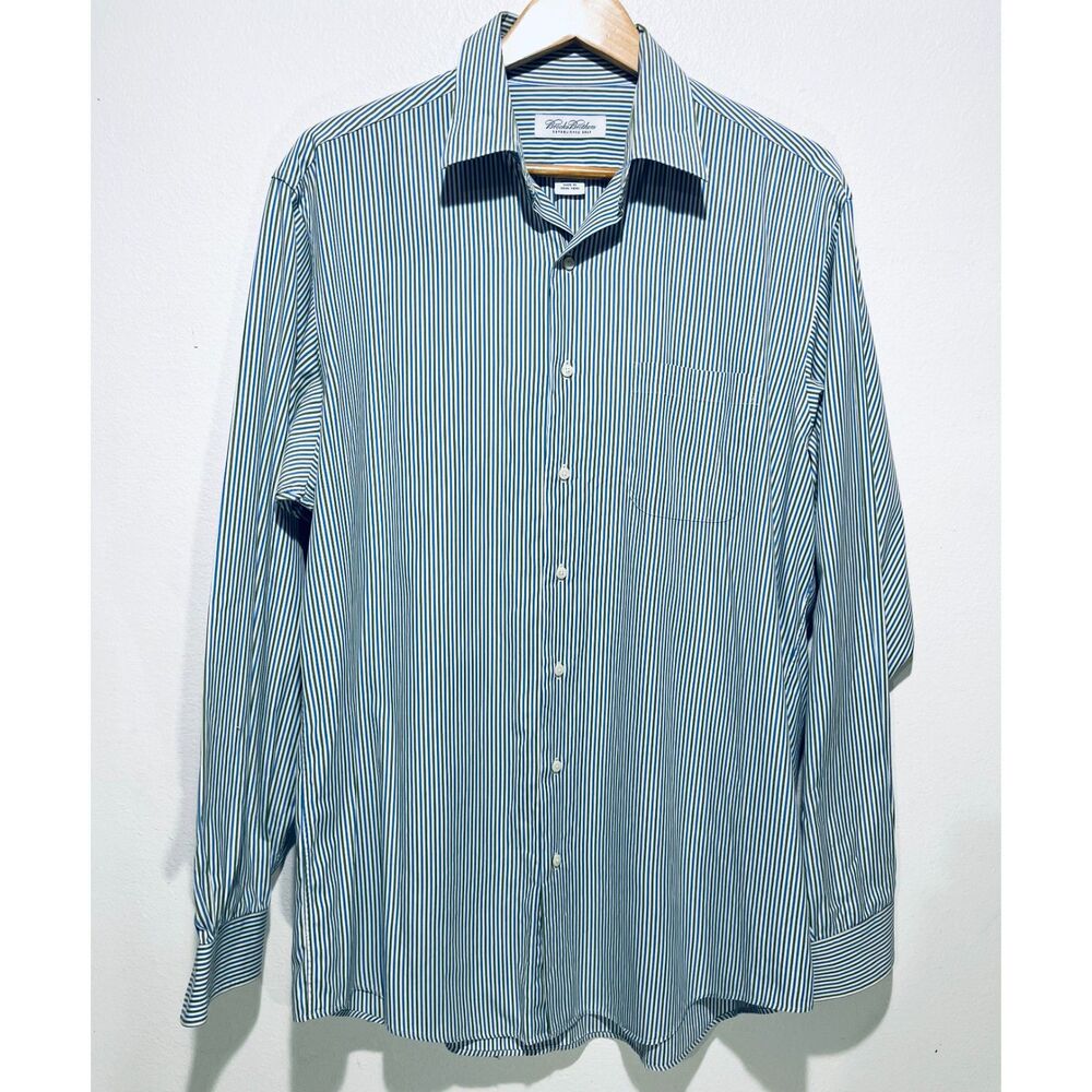 Brooks brothers button up shirt stripes business casual blue green men's 16.5